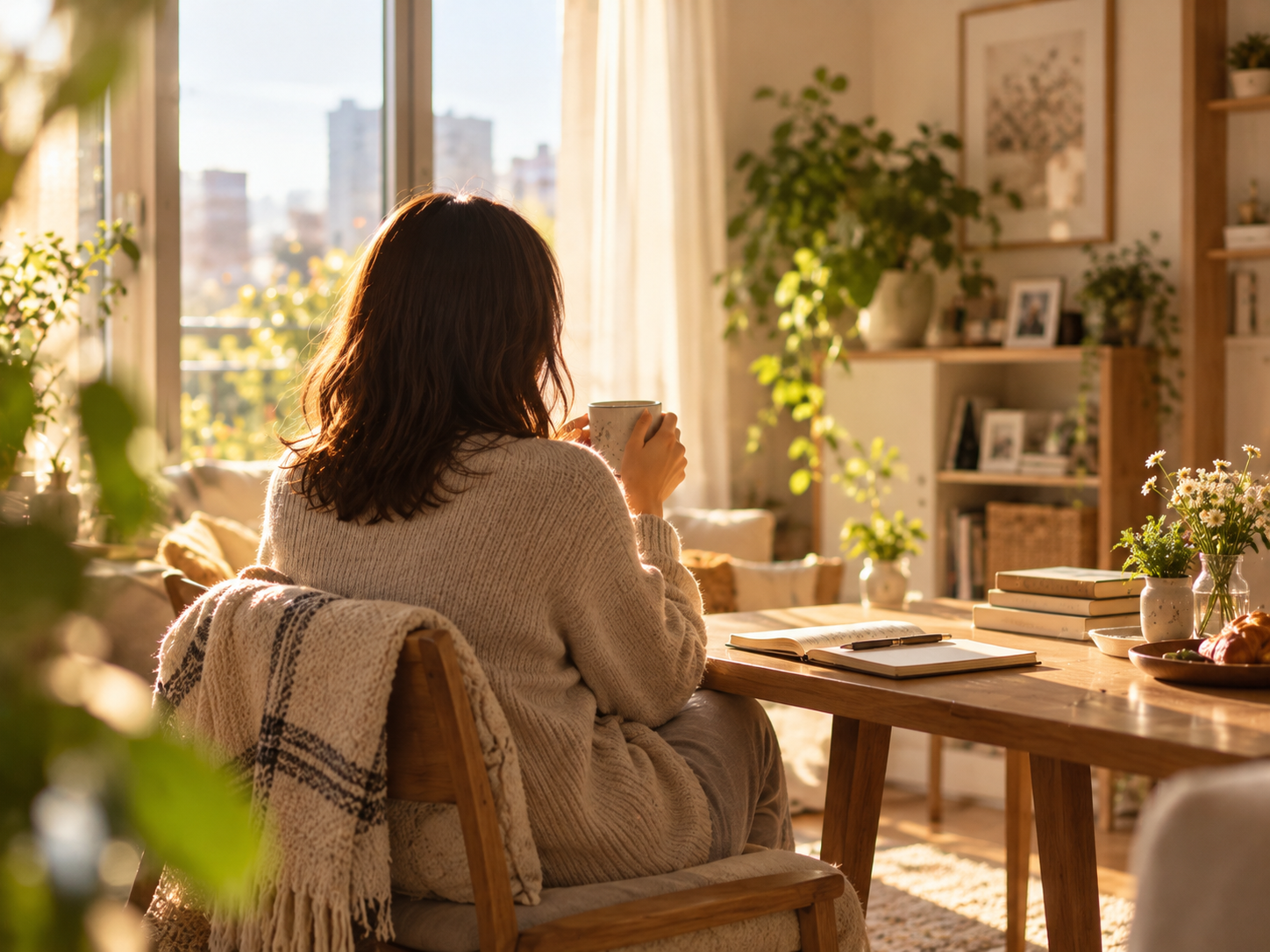 朝の光の中で自分自身と向き合う女性のイメージ