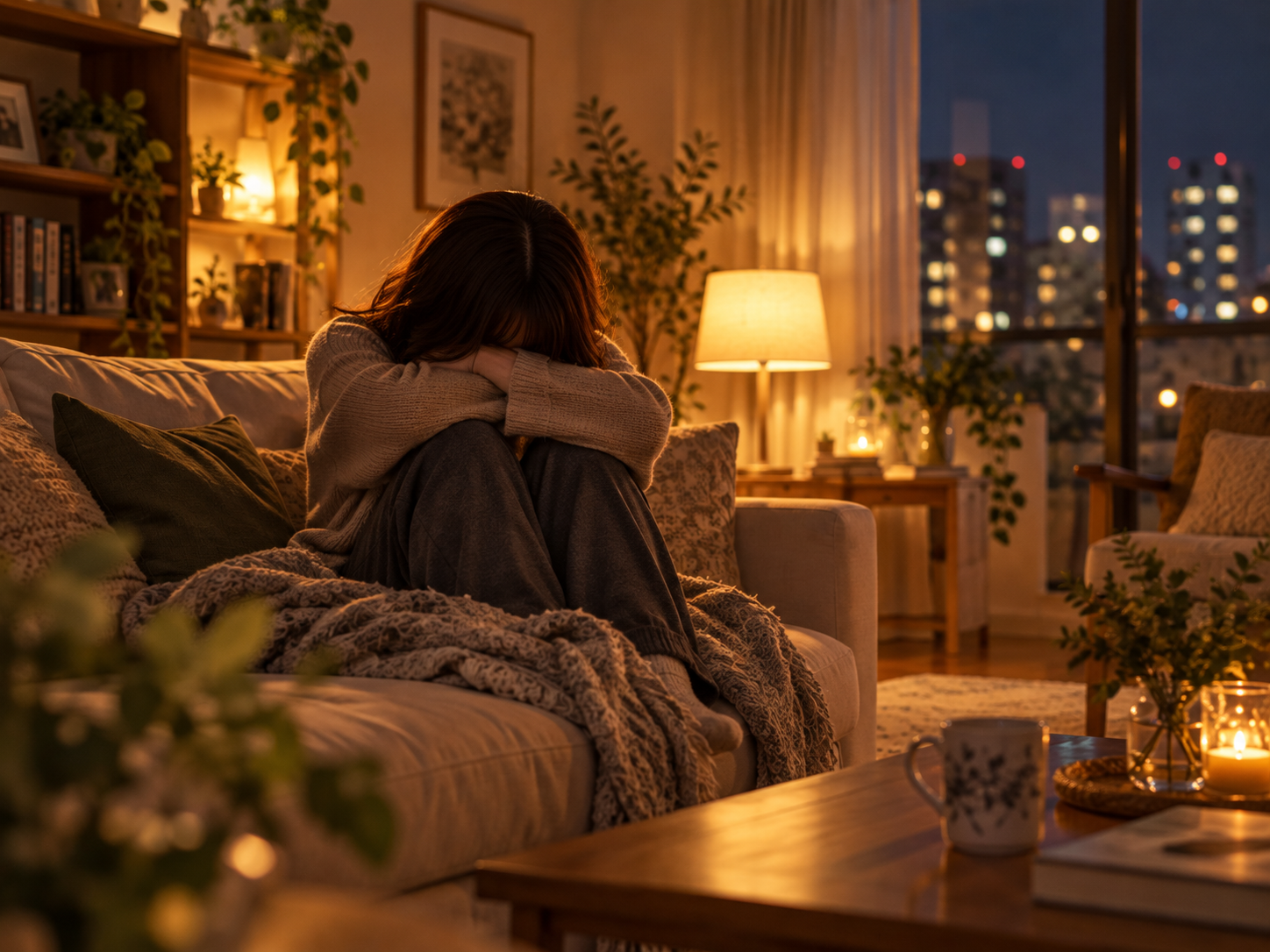 夜のリビングで一人で抱え込んでいる女性のイメージ