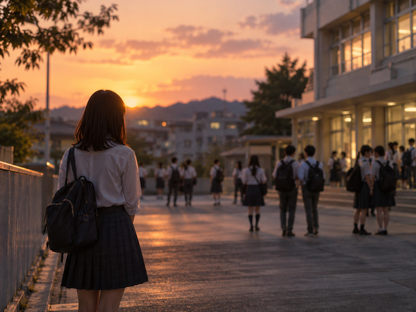 夕暮れの学校で一人佇む学生のイメージ